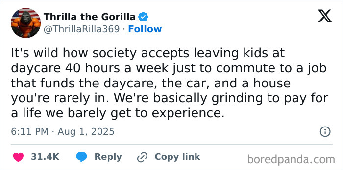 Tweet highlighting dystopic aspects of society where parents work nonstop to fund a life they barely get to experience.