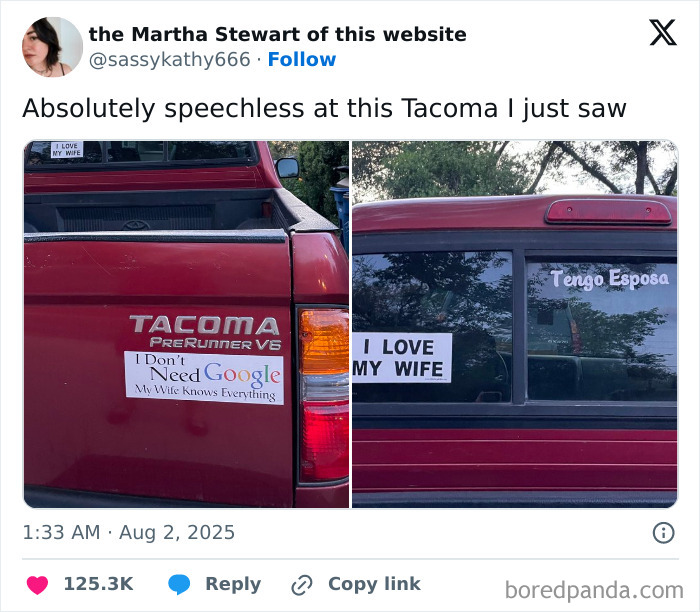 Red Tacoma pickup truck with funny bumper stickers about wives spotted among funniest bumper stickers on the road.