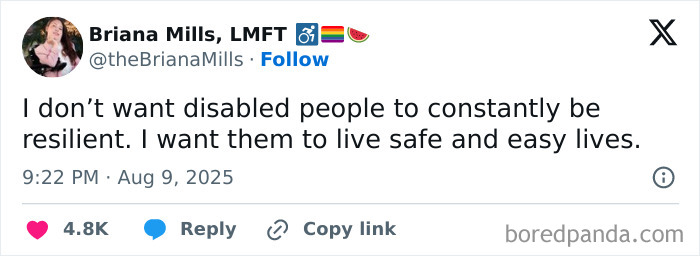 Tweet by Briana Mills advocating for safe, easy lives for disabled people, highlighting dystopic aspects of society.