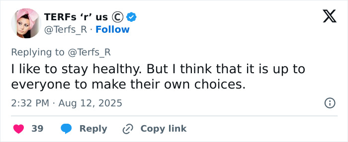 Tweet from TERFs &lsquo;r&rsquo; us stating a personal opinion on health and choices amid Nelly Furtado quitting music body-shaming discussion.