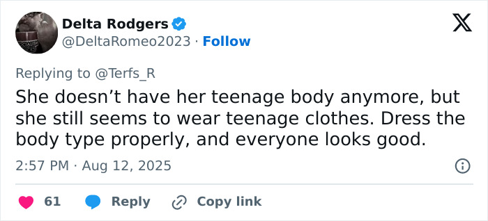 Tweet by Delta Rodgers discussing body-shaming and clothing choices amid Nelly Furtado quitting music controversy.
