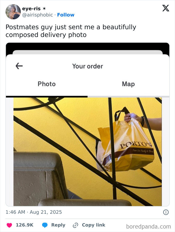 Hand holding a neatly presented food delivery bag on stairs, shared in hilarious tweets people couldn’t help but share.