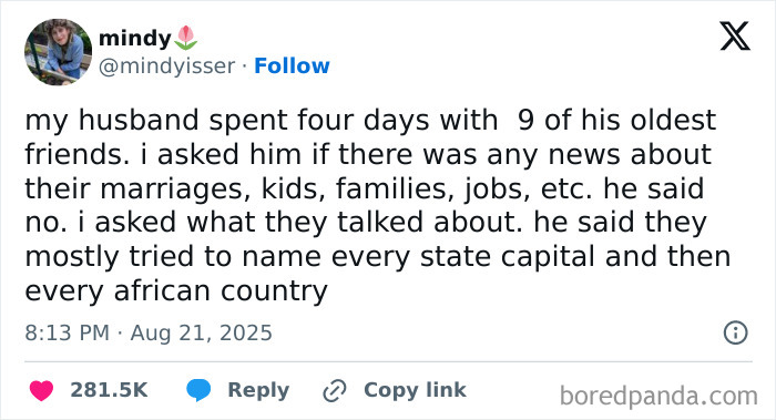 Hilarious tweet about friends naming every state capital and African country shared on social media platform.