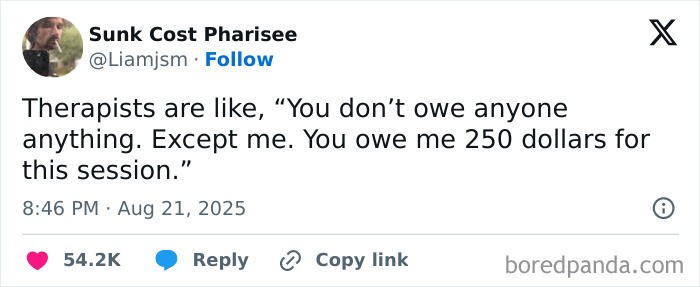 Tweet humor about therapists and session fees, shared widely as one of the funniest tweets people couldn’t help but share.