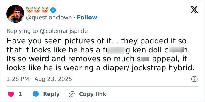 Twitter post discussing Chris Evans in a jock strap, sparking fan reactions and speechless responses online.