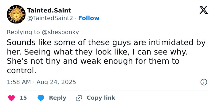 Tweet text discussing how some men feel intimidated by an Olympic athlete considered overweight, highlighting strength and control.