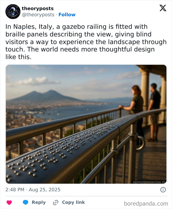 Braille panels on gazebo railing in Naples offering a unique serotonin boost by enabling blind visitors to feel the landscape view.