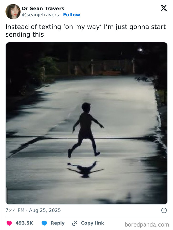 Tweet showing a child running on a street at night with a playful caption, shared among hilarious tweets people couldn’t help but share.