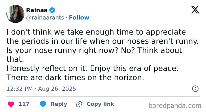 Tweet about appreciating peaceful moments and the importance of daily serotonin boost during dark times.