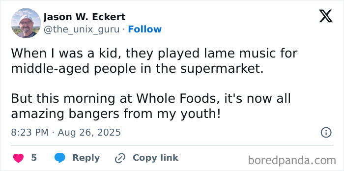 A meme about changing music tastes in supermarkets reflecting nostalgia and humor for meme lovers to laugh at.