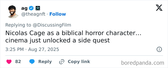 Tweet text about Nicolas Cage portraying a biblical horror character sparking buzz for new horror film. Tweet text about Nicolas Cage portraying a biblical horror character sparking buzz for new horror film.
