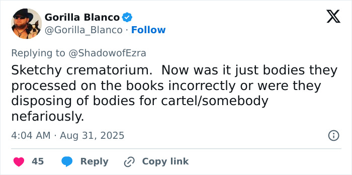 Tweet discussing concerns about a sketchy crematorium amid discovery of piles of human remains in Las Vegas desert. Tweet discussing concerns about a sketchy crematorium amid discovery of piles of human remains in Las Vegas desert.