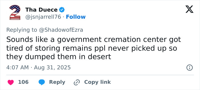 Social media comment referencing the discovery of piles of human remains in the Las Vegas desert. Social media comment referencing the discovery of piles of human remains in the Las Vegas desert.