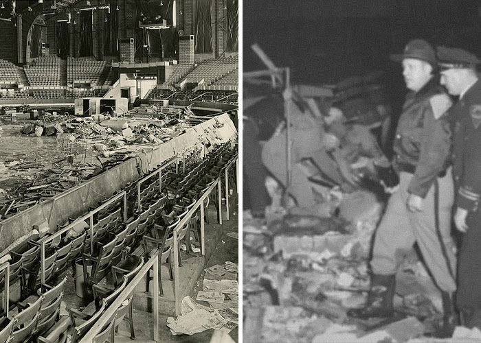 Black and white images showing Halloween tragedy scenes with damaged stadium seats and police investigating rubble at night.