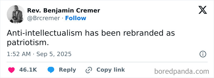 Tweet by Rev. Benjamin Cremer stating anti-intellectualism rebranded as patriotism, reflecting dystopic society trends.