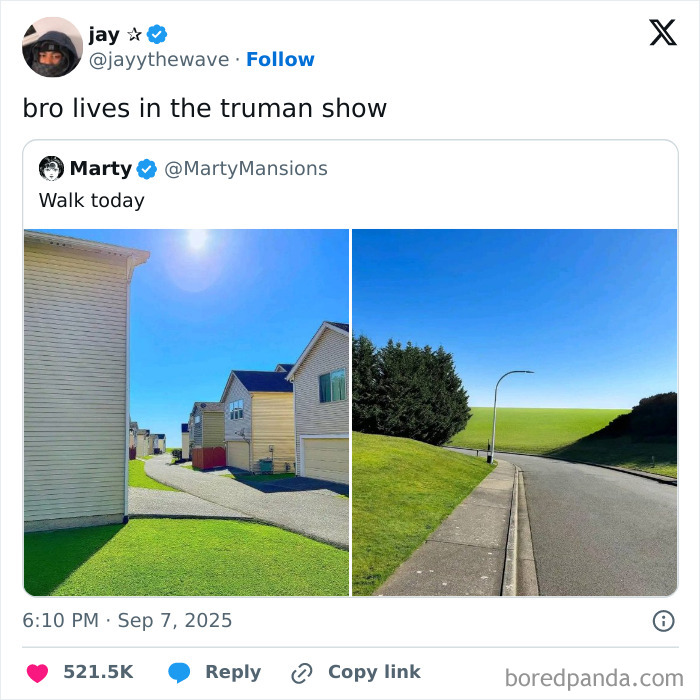 Two unnerving liminal spaces showing suburban houses and an empty street under a bright clear sky.