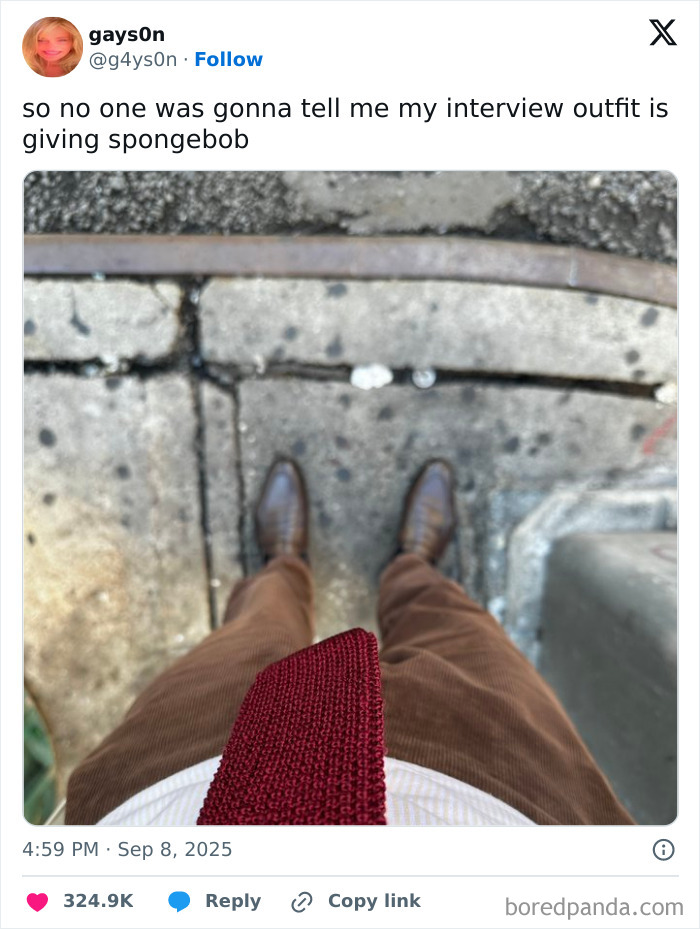 View of brown shoes, pants, and a red tie on a sidewalk, representing hilarious tweets people shared online.