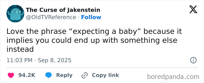 Tweet from The Curse of Jakenstein humorously discussing the phrase expecting a baby as a funny Thunder Dungeon meme.