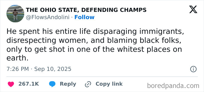 Tweet highlighting societal issues of racism and violence, reflecting a dystopic view of current social conflicts.