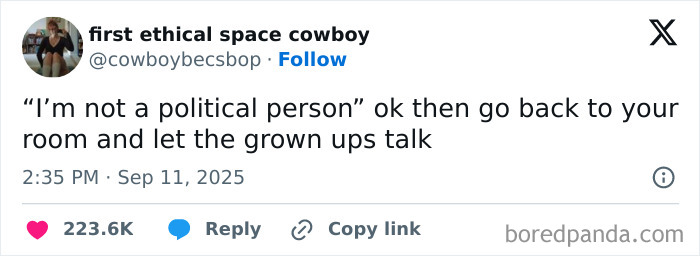 Tweet text on a social media post criticizing political disengagement, reflecting dystopic society themes.