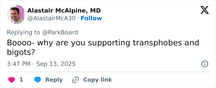 Tweet by Alastair McAlpine criticizing support for transphobes, related to J.K. Rowling mocking Harry Potter event apology.