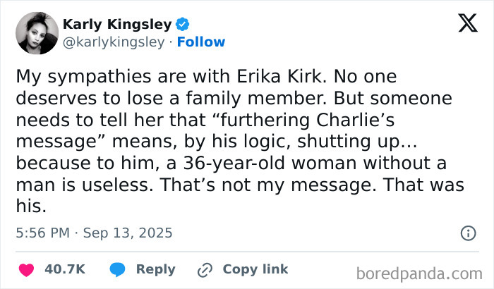 Tweet by Karly Kingsley showing dystopic societal views where a woman is deemed useless without a man, reflecting disturbing social attitudes.
