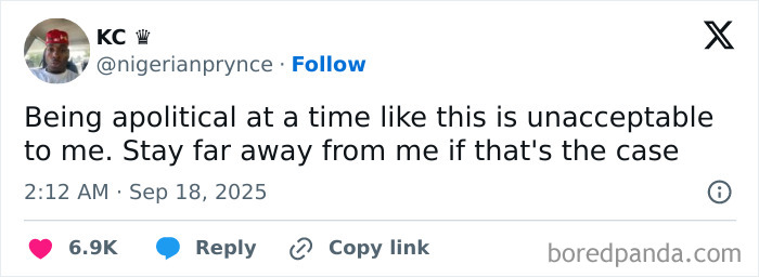 Tweet expressing frustration about being apolitical during dystopic societal times, reflecting disturbing social realities.