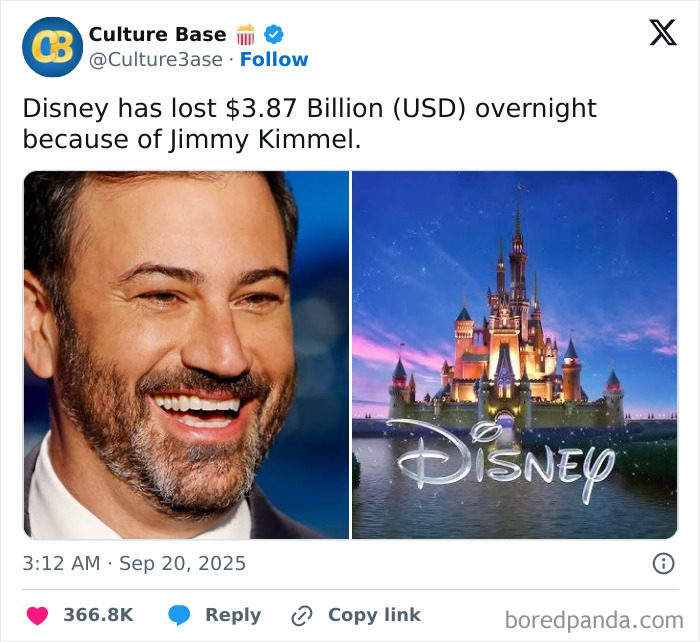 Jimmy Kimmel smiling next to the Disney castle logo representing chaotic good actions with unexpected impact.