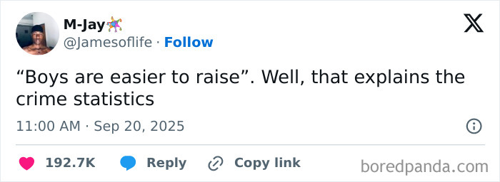 Screenshot of a tweet highlighting a dystopic view on society and crime statistics discussing how boys are easier to raise.