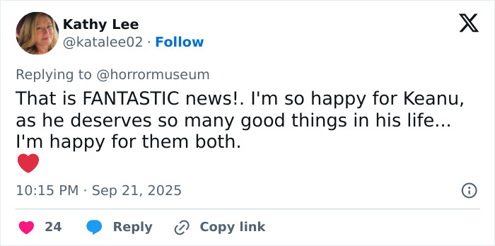 User comment expressing happiness for Keanu Reeves regarding Alexandra Grant marriage rumors breaking silence online.