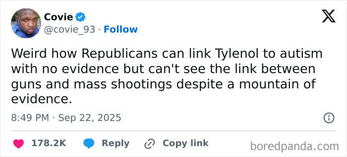 Tweet discussing contradictions in public perception of evidence linking guns to mass shootings, highlighting dystopic societal issues.