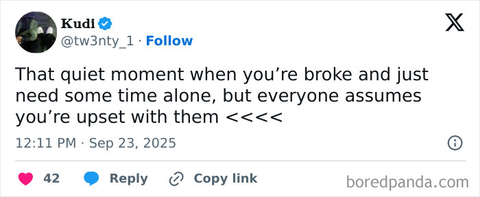 Tweet about a quiet moment alone misunderstood by others, illustrating specific moments in our lives that aren’t original experiences.