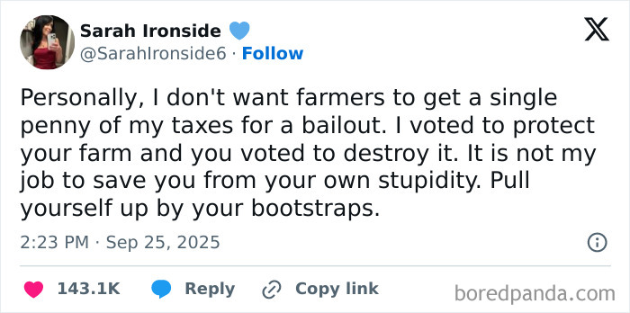 Tweet criticizing government bailouts for farmers, highlighting harsh societal attitudes reflecting a dystopic reality.