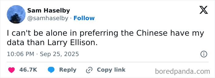 Tweet from user Sam Haselby expressing concern about data privacy as an example of dystopic society issues.