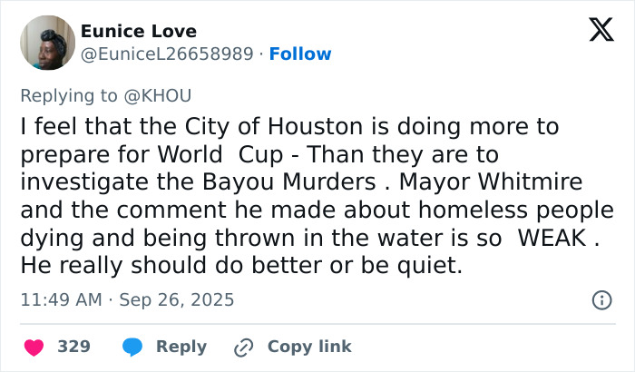 Twitter user criticizing Houston mayor's response amid fears of serial criminal after 16th body found in Houston.