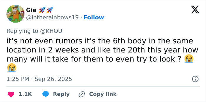 Tweet about the 16th body found in Houston raising fears of a serial criminal and public concern over the investigation.