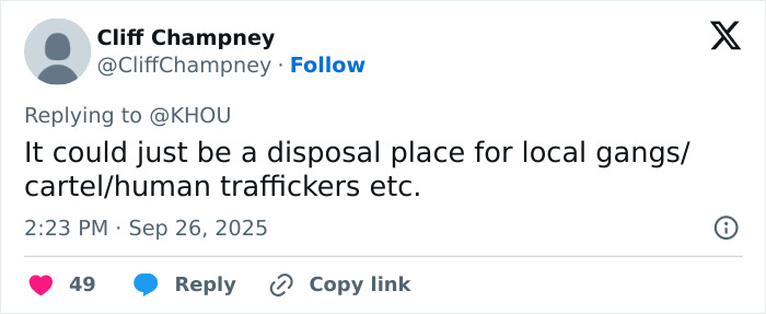 Tweet by Cliff Champney discussing potential disposal sites linked to gangs and human traffickers amid Houston serial criminal fears.