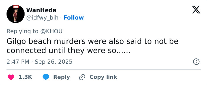Twitter user WanHeda commenting on Gilgo beach murders in reply to KHOU, discussing fears of serial criminal activity in Houston.