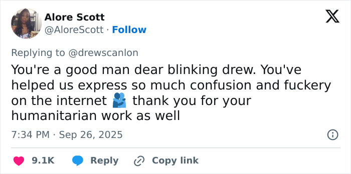 Tweet praising the man behind blinking guy GIF for his impact on internet culture and humanitarian work.