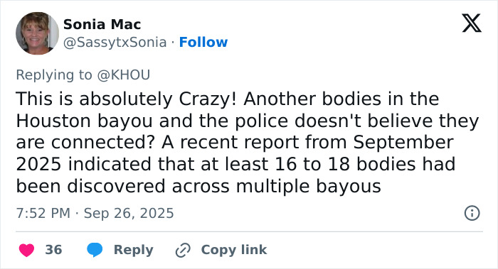 Screenshot of a social media post discussing fears of serial criminal rise after 16th body found in Houston bayou.