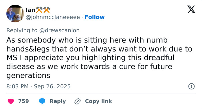 Tweet from Ian sharing appreciation for raising awareness about MS, highlighting the man behind blinking guy GIF now unrecognizable.