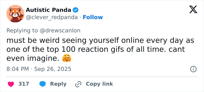 Tweet discussing the man behind blinking guy GIF and his reaction to being an internet star years later.