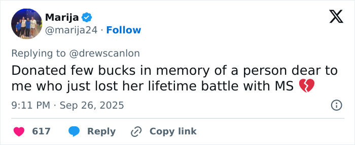 Tweet expressing donation in memory of a loved one lost to MS, shared on social media by Marija.