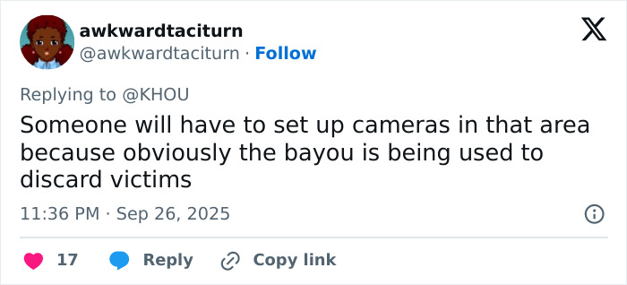 Tweet expressing concerns about serial criminal activity in Houston and the bayou being used to discard victims.