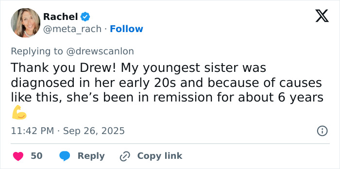 Tweet screenshot showing a user thanking Drew and sharing a personal health remission story related to a sister in her early 20s.