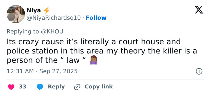 Screenshot of a tweet discussing fears of serial criminal activity as the 16th body is found in Houston.