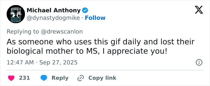 Michael Anthony replying to a tweet about the blinking guy GIF, expressing gratitude and sharing a personal loss.