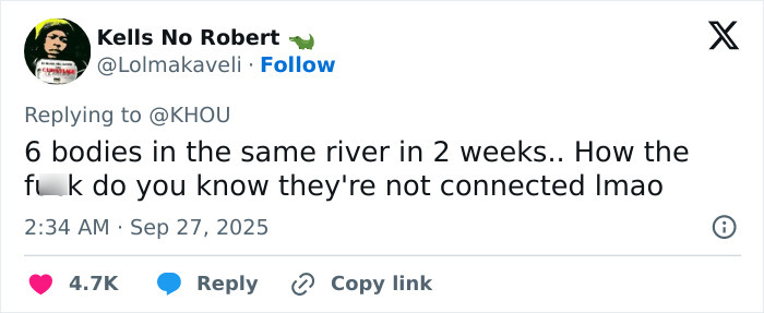 Tweet discussing fears of serial criminal activity after multiple bodies found in Houston, highlighting community concern and urgency.