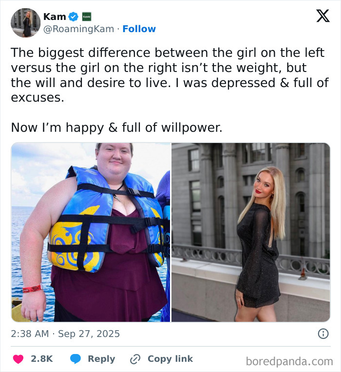 Before-and-after photos showing a stunning personal reinvention with confidence and transformation.