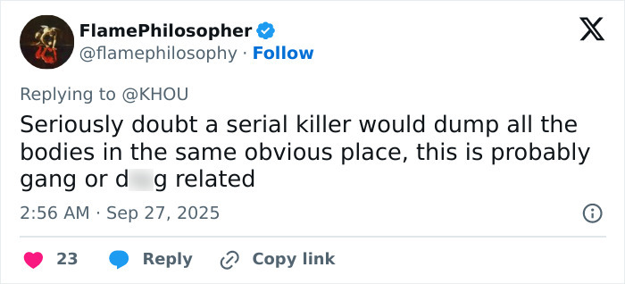 Screenshot of a tweet discussing fears of a serial criminal after the 16th body was found in Houston.